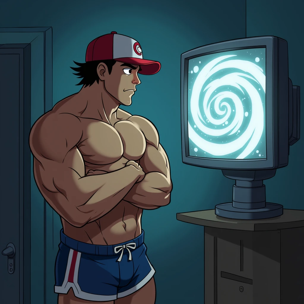 Ash Ketchum as a grown up big dumb muscular bodybuilder football jock flexing and staring blankly into a monitor displaying a hypnotic spiral under hypnosis as he repeats, "Bigger... Dumber.... Just a big ... dumb ... jock. Huhuh.... Wut up , bro?" in a deep voice. Hyper muscles. Big biceps. Big triceps. Broad shoulders. Big traps. Big lats. Big meaty pecs. Brainwashing. Hypnosis. Hypnotized. Bro. IQ drain. Hyper swollen crotch bulge. Sweating. Mouth hanging open.