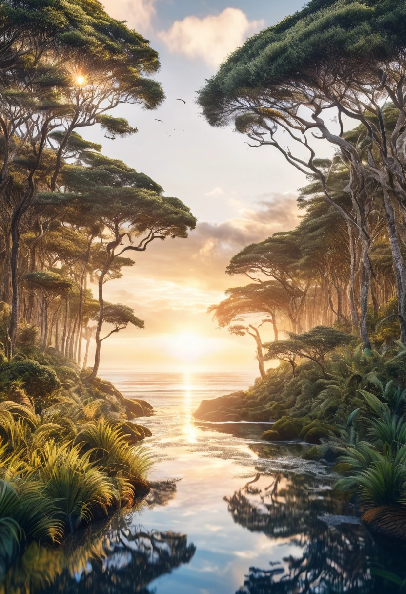 ((Double Exposure)) ((Photography)) of the ((forest)) and ((sunrise)) and ((ocean)) blending together in the word ((AFRICA)), artfully captured with a ((70mm lens)) on a ((clear sunny day)), intricate details and ((hyperrealistic)) patterns that draw the eye, providing a unique and creative way to showcase this breathtaking scene. ((Unreal Engine 5)) ((Rendered))