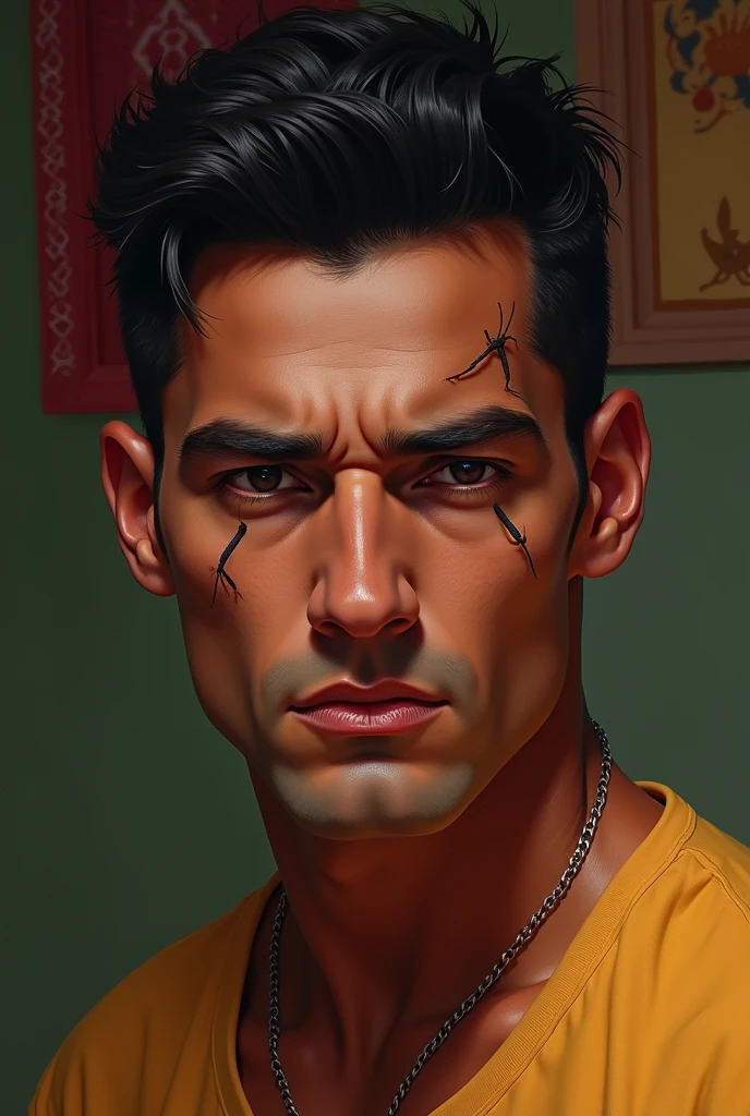 27 year old man, , with a marked jaw and thin lips. His nose is big, round and with the septum slightly protruding. He has small, dark eyes., slightly torn, with triangular eyebrows. Her skin is tanned brown, darker than average, and has visible ears. is shaved, but you can see the growth of dark hair.
His expression is strong, with a feeling of anger or determination. The expression lines on the forehead are very marked, and the veins on the temple are very noticeable, accentuating the intensity of his emotion. For a more cultural touch, The background may include traditional Mexican elements, and your posture can show confidence and firmness.
He is not so handsome, he has slightly more Mexican features and you don't see so many furrows on his face, it is smoother.