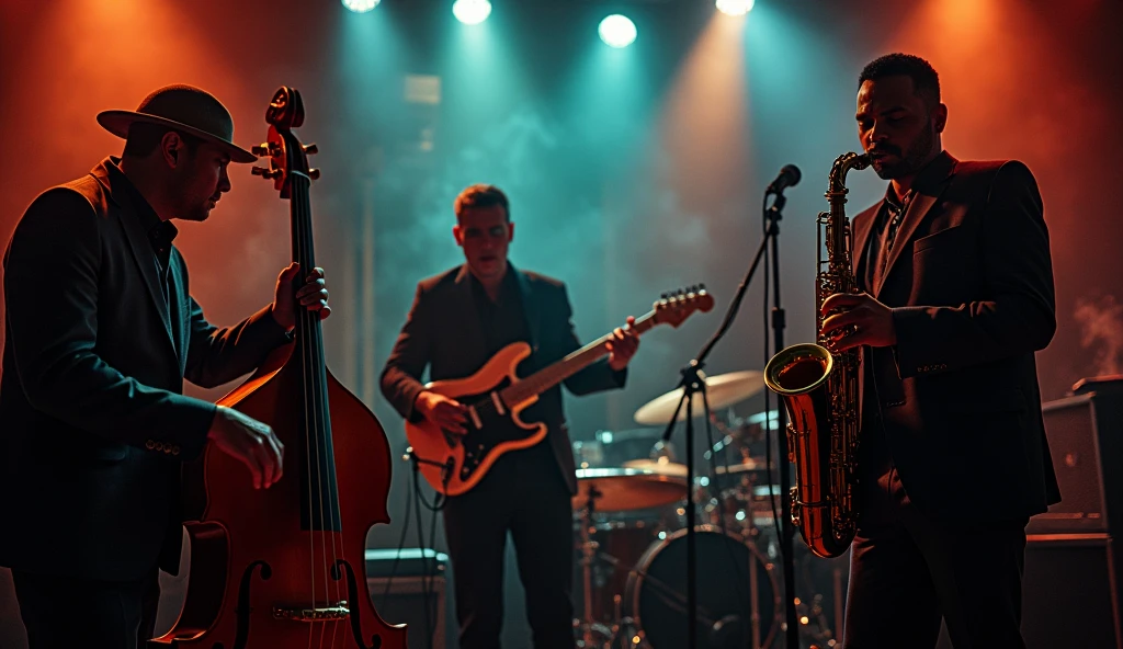 create jazz atmosphere, estilo noturno, stages, instruments, tudod que lembre jazz jam section, 8k realistic