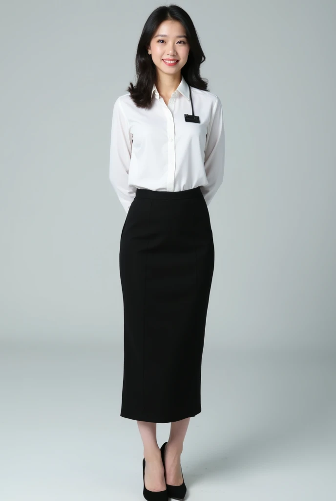 Asian woman, formal office wear, white button-up shirt, long black skirt, black high heels, ID badge on shirt collar, front body, upright posture, hands behind back