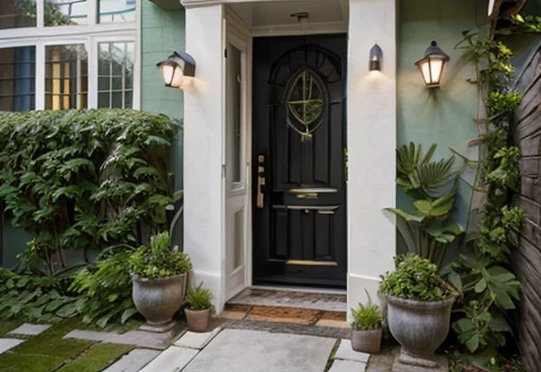Detailed masterpiece, Create the front of a house entrance, with serene colors, decorated with plants in an urban jungle style , Paint the Wall with Light Textures, revamp the entire image for a modern house construction project