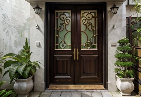 Detailed masterpiece, Create the front of a house entrance, with serene colors, decorated with plants in an urban jungle style , Paint the Wall with Light Textures, revamp the entire image for a modern house construction project