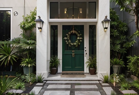 Detailed masterpiece, Create the front of a house entrance, with serene colors, decorated with plants in an urban jungle style , Paint the Wall with Light Textures, revamp the entire image for a modern house construction project