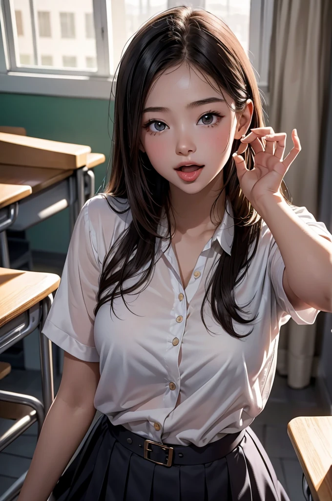 masterpiece, Highest quality, Movie stills, One Girl, high school girl, uniform, Baby Face, bright, Happy, fun, Soft lighting, classroom