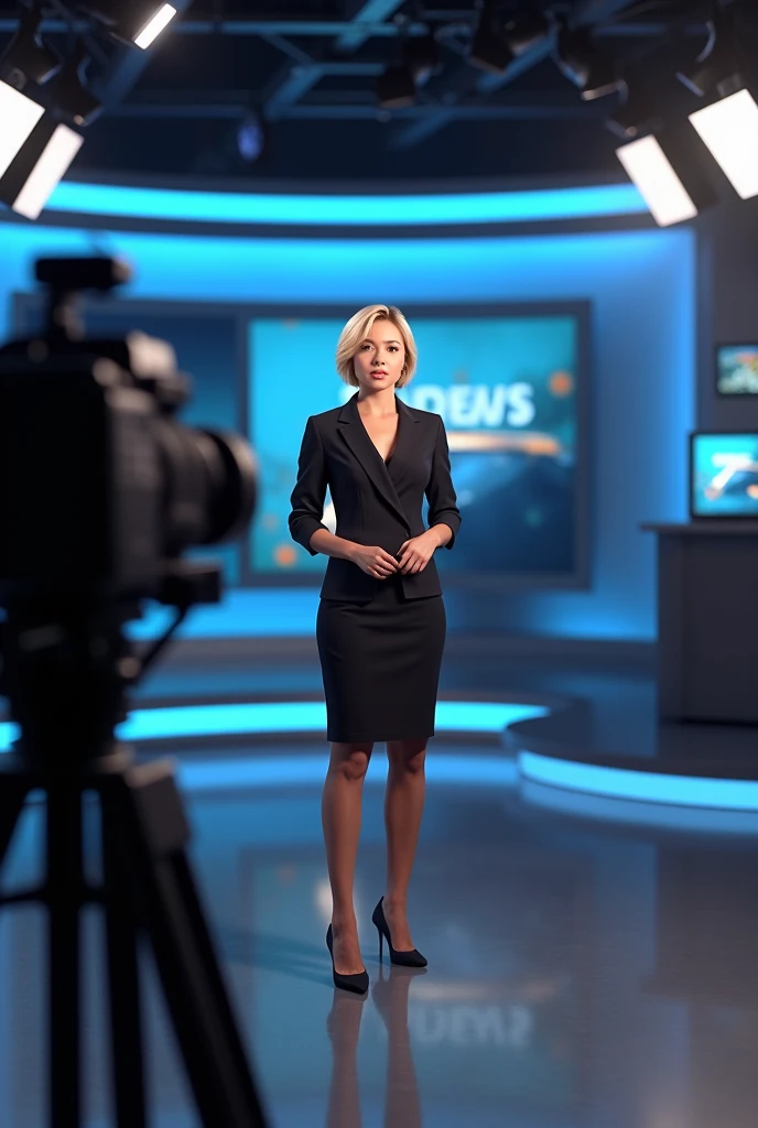 News presenter, 20 years, realist, short fitted dress, blonde, High heels