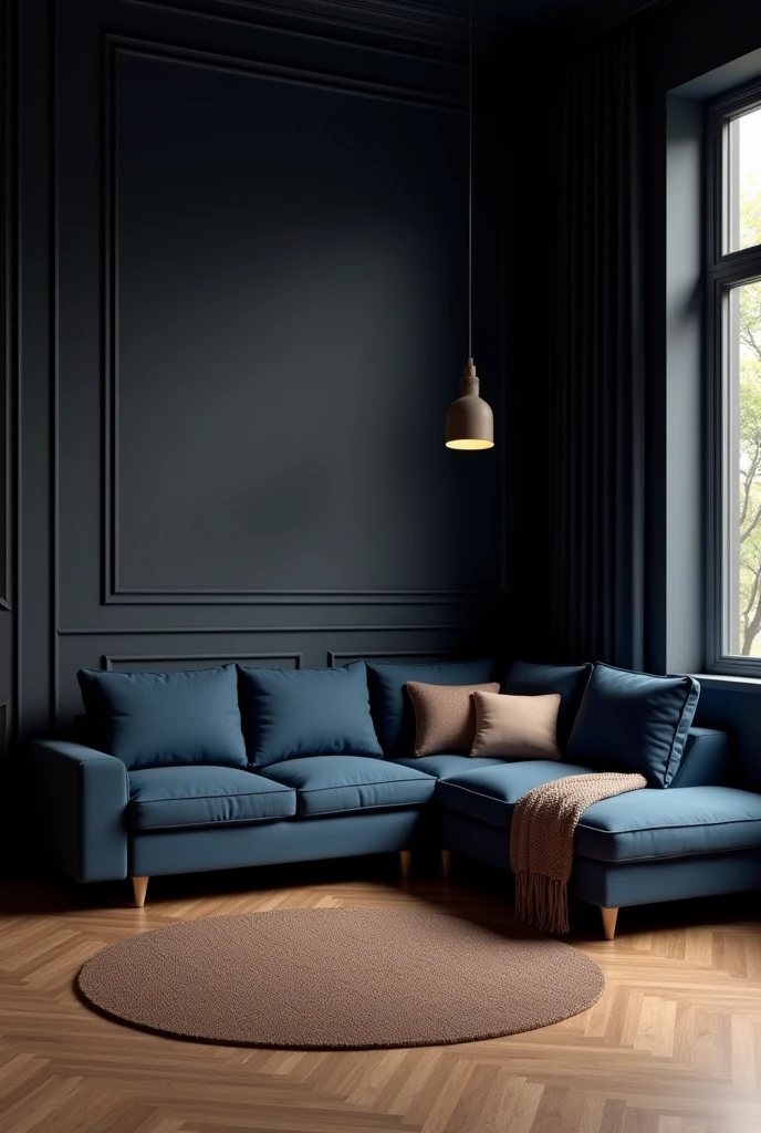 Create living room with black wall and brown wooden floor and navy blue corner sofa 