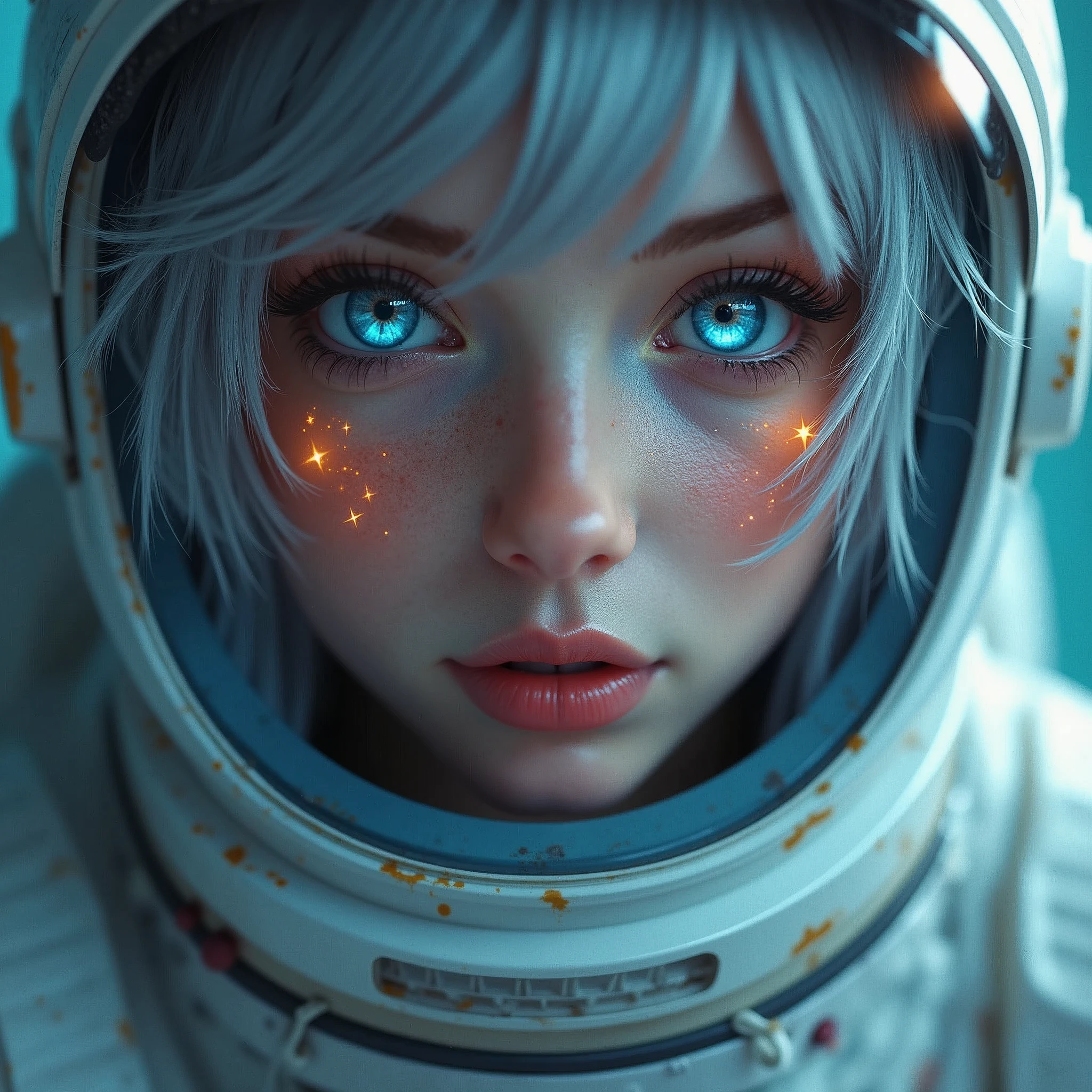 (Close-up of a better masterpiece:1.5)0.9], (Space and astronauts:1.2) (Messy silver hair:1.1) (Heterochromia xanthochromia and blue eyes:1.2) (Space Helmet:1.0) (Colored stars in the eyes:1.0) (A radiant glow:1.1) (thick lips:0.9)