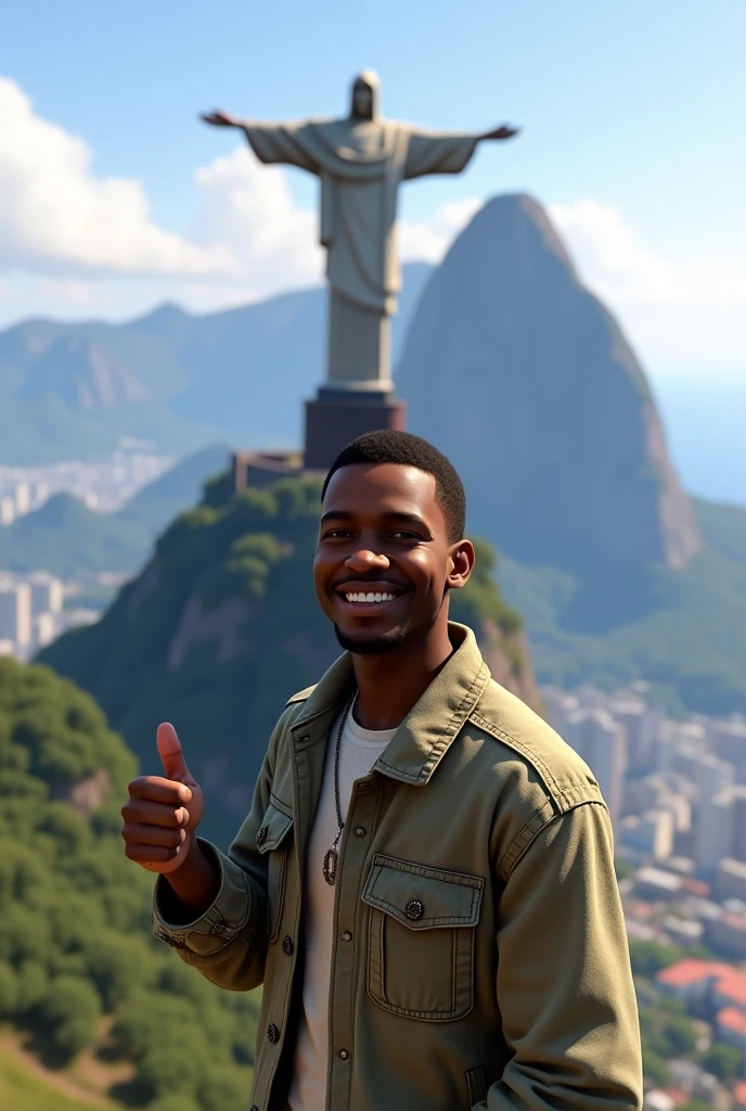 Create a photo of Franklin from GTA 5 in front of Christ the Redeemer in Rio de Janeiro, making a thumbs up sign with your hand and smiling.