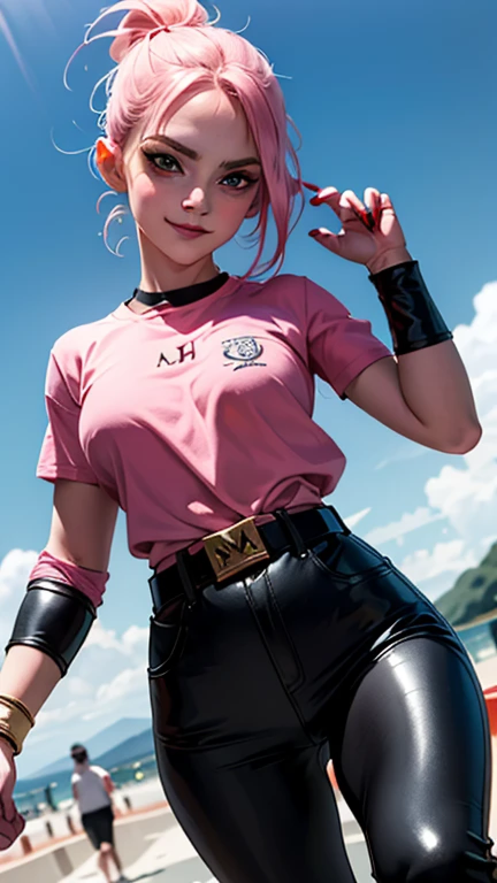 mj-kb, Emma Watson as Majin Buu,girl, athletic body, black sclera, red pupil, evil smile, long pink hair, pink skin, big breasts, yellow leather shirt, white leather pants, harem pants, m on belt,
looking at viewer, serious, standing, outdoors,
sky background, blue sky, extremely detailed, HDR,