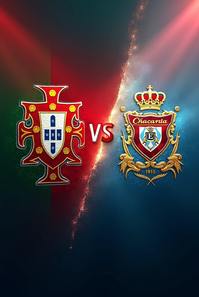 [Core Concept]
A dynamic clash between the national soccer teams of Portugal and Chacarita Juniors of Argentina, represented through their iconic logos.

[Character Description]
The Portuguese national team crest features an intricately detailed coat of arms, symbolizing the nation's rich heritage and storied soccer tradition. In contrast, the Chacarita Juniors' logo depicts a bold, stylized letter "C" encircled by a laurel wreath, reflecting the Argentine club's fierce determination and championship pedigree.

[Environment/Background]
The logos are set against a vibrant, gradient background, evoking the passionate energy of an international soccer match between these two formidable teams.

[Style and Atmosphere]
The overall aesthetic is bold, dynamic, and emblematic of the high-stakes rivalry between these national and club-level soccer powerhouses, capturing the intensity and competitive spirit of the matchup.

[Composition]
The logos are prominently displayed, occupying the central focus of the composition, with their distinct designs and colors creating a striking visual contrast.

[Details and Embellishments]
Subtle accents and flourishes, such as subtle shading, highlights, and textural elements, add depth and dimension to the logos, heightening the sense of realism and visual impact.

[Technical Specifications]
This composite image is designed for high-resolution digital display, with a focus on crisp, vibrant colors and clean, precise rendering of the intricate logo details.
