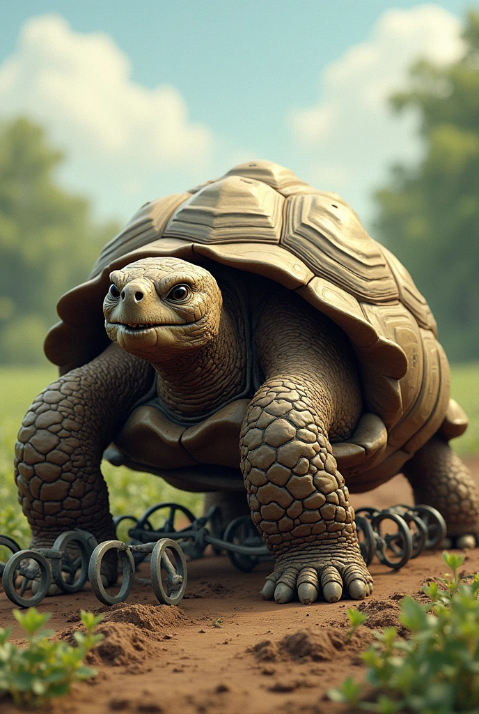 Imagine a robust and determined tortoise, with an expression of effort, dragging a tractor plow harrow. The grid can be the same size with several discs and to look like it is being pulled with difficulty by the tortoise. The setting can be a field or a crop area, highlighting a more side profile image and making it a less realistic hand-drawn drawing