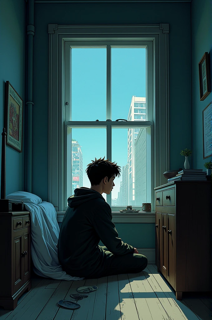 [Elias sitting in a small room, Alone, with the city visible through the window.] Create an image like for a graphic novel