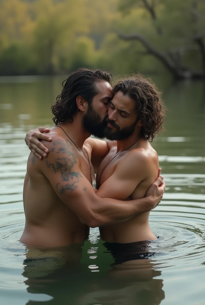 jesus is hugging a man in the water in a lake