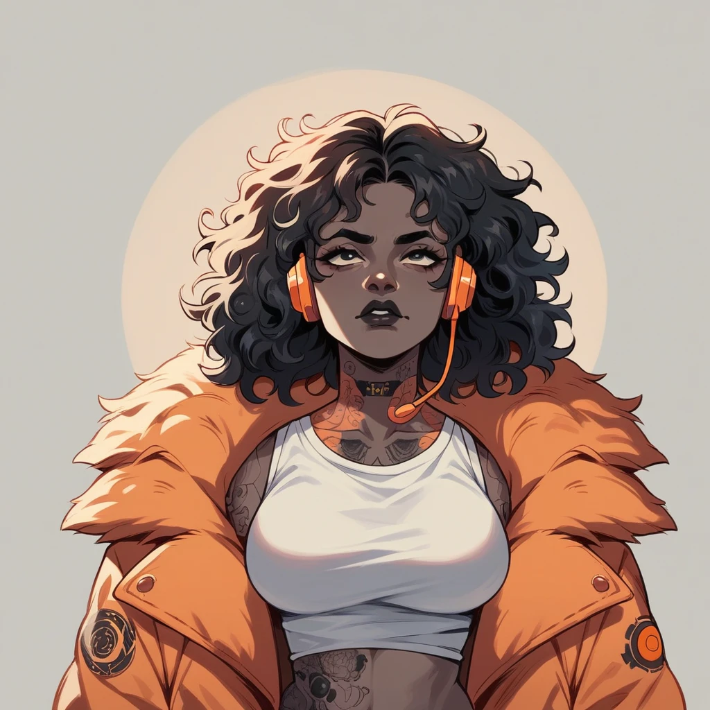 beautyfull fat woman, black skin, black lips, redhair frizzy hair, fringe hair, tattoos, written "namaria" in her cheek, orange headset, fur coat, white shirt, black chocker, orange boots, cyberpunk background