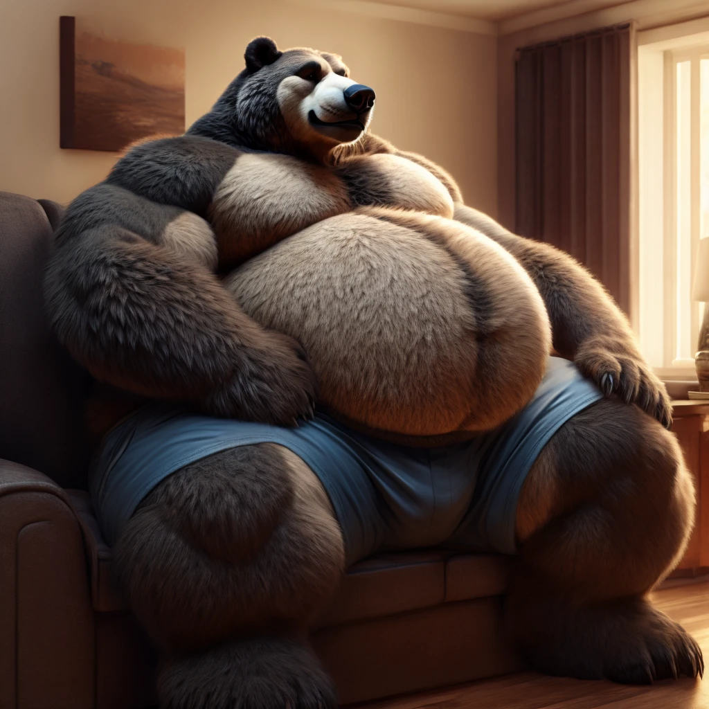 Fat Huge Daddy Furry black Grizzly Bear Bigger Belly and large chunky body and big furry Belly sitting on the sofa Wearing Shorts 