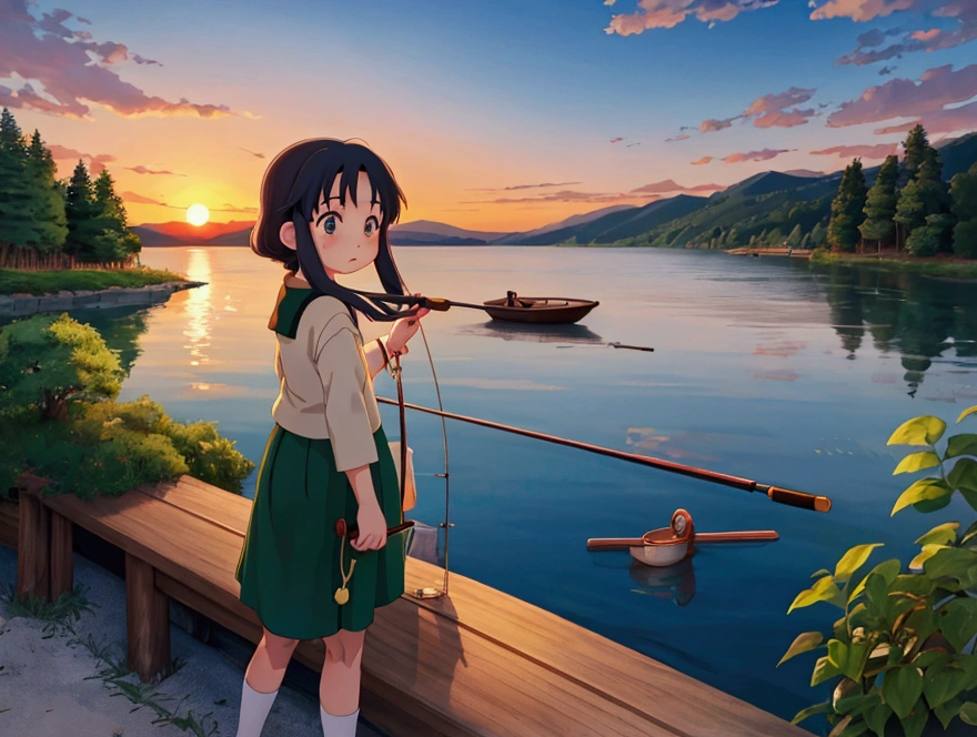 Ghibli-style scenery、Lake shore in the evening、Sunset while fishing、A worried face、15Year old girl
