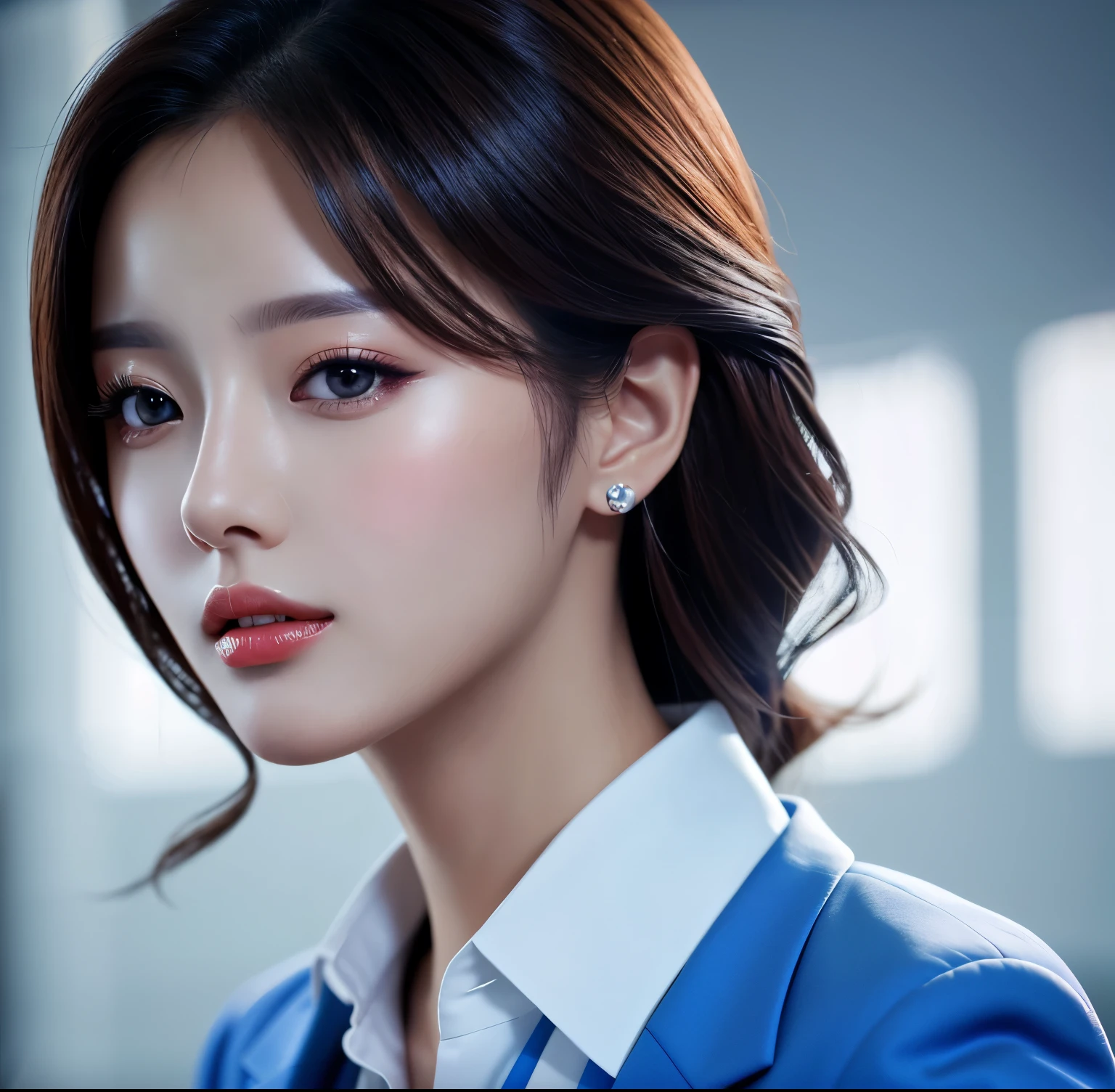 Close up portrait of woman in blue suit and white shirt, Elegant digital art, High-quality portraits, Shiny digital painting, Digital Art Images, Beautiful digital art, Elegant digital painting, Portraits of Korean female idols, Beautiful digital painting, Realistic cute girl drawing, high quality digital painting, TWICE&#39;s Tzuyu, Professional Profile Photo, Korean Girls