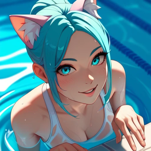 Girl with cat ears on her head, in a slightly transparent and tight white swimsuit, in pool, flirtatious smile, cyan eyes, hands, 4k, (((Best Quality))), wet, Whole body, slim body 