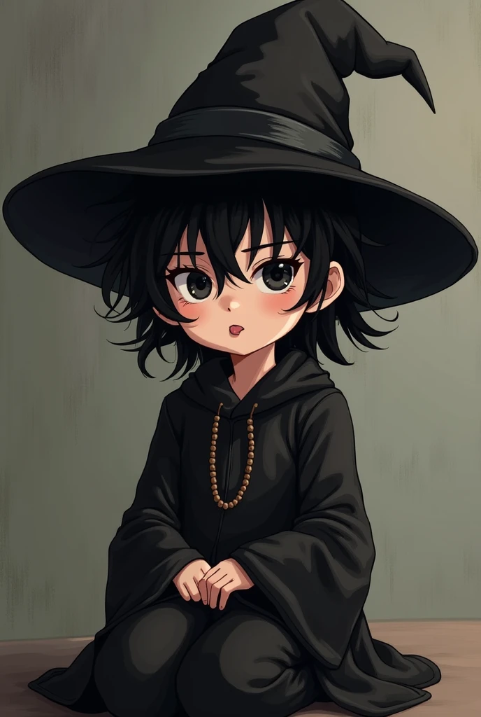 8-year-old　Open your mouth　Frowning　Black pointy hat　Black Hair　Very delicate　Close ~ eyes　Sticking out your tongue　Wizard&#39;s Clothes　Sitting