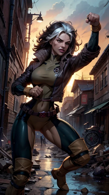 [Core Concept] A rogue character in a street fighting stance, prepared for combat.

[Character Description] A rugged, agile individual in dark clothing and gear, their eyes narrowed with focus as they assume a balanced, defensive fighting stance - one foot forward, knees bent, fists raised and ready to strike.

[Environment/Background] The rogue stands on a gritty urban street, surrounded by the weathered facades of old brick buildings and the dim lighting of a night setting.

[Style and Atmosphere] The scene has a gritty, realistic tone, with a sense of tension and anticipation as the rogue waits for their opponent to make the first move.

[Composition] The rogue is positioned in the center of the frame, taking up a significant portion of the composition, their stance and expression conveying a sense of power and determination.

[Details and Embellishments] Scuffs and wear on the rogue's clothing and equipment suggest a life of combat, while small environmental details like puddles, discarded debris, and shadows add to the atmospheric, urban setting.

[Technical Specifications] The image should be rendered in a high-quality, photorealistic style, with attention to lighting, textures, and realistic proportions to fully capture the intensity and realism of the scene.