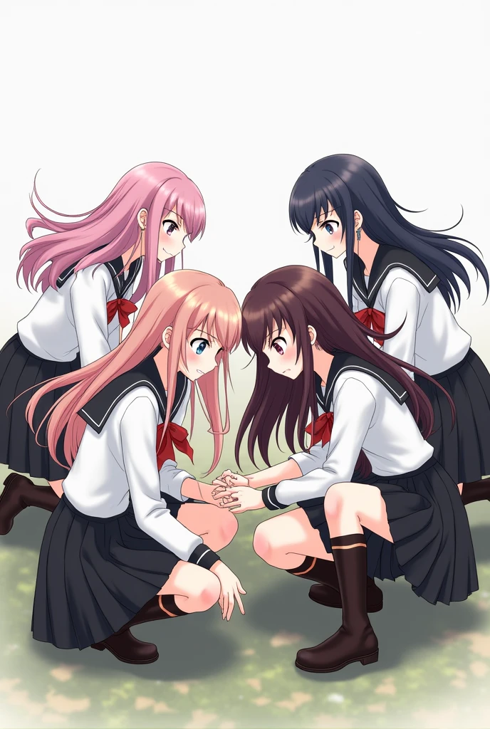 Group of school girls with long hair and black skirts crouching in anime 