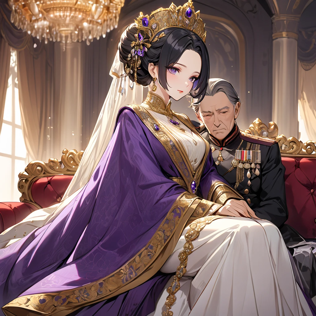 ((Highest quality)), ((masterpiece)), (detailed), （Perfect Face）、The woman is Shinobu Kocho, a Russian with black hair with purple gradient ends, tied in a bob hairstyle, an elegant, graceful and beautiful Russian noblewoman, and the Empress of the Great Russian Empire.、The woman is beautifully dressed in the gorgeous, glittering gold-colored Russian court dress of an ancient Russian empress, accessorized with luxurious accessories and kokoshniks.、The woman is standing next to a great and dignified old Russian emperor.、The woman is sitting on a luxurious sofa in the palace hugging and kissing the great old Russian emperor.