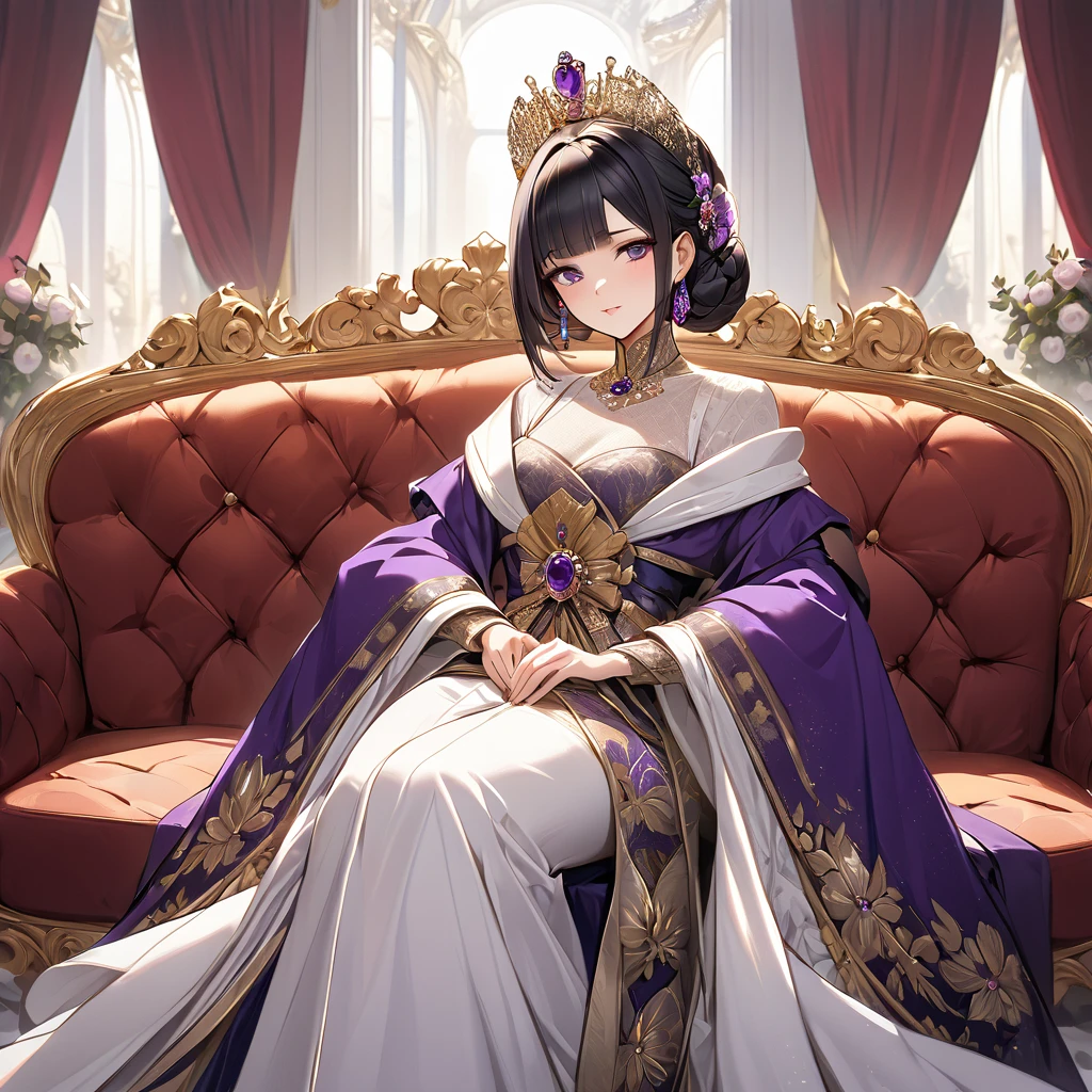 ((Highest quality)), ((masterpiece)), (detailed), (Perfect Face)、The woman is Shinobu Kocho, a Russian with black hair with purple gradient ends, tied in a bob hairstyle, an elegant, graceful and beautiful Russian noblewoman, and the Empress of the Great Russian Empire.、The woman is beautifully dressed in the gorgeous, glittering gold-colored Russian court dress of an ancient Russian empress, accessorized with luxurious accessories and kokoshniks.、The woman is standing next to a great and dignified old Russian emperor.、The woman is sitting on a luxurious sofa in the palace hugging and kissing the great old Russian emperor.