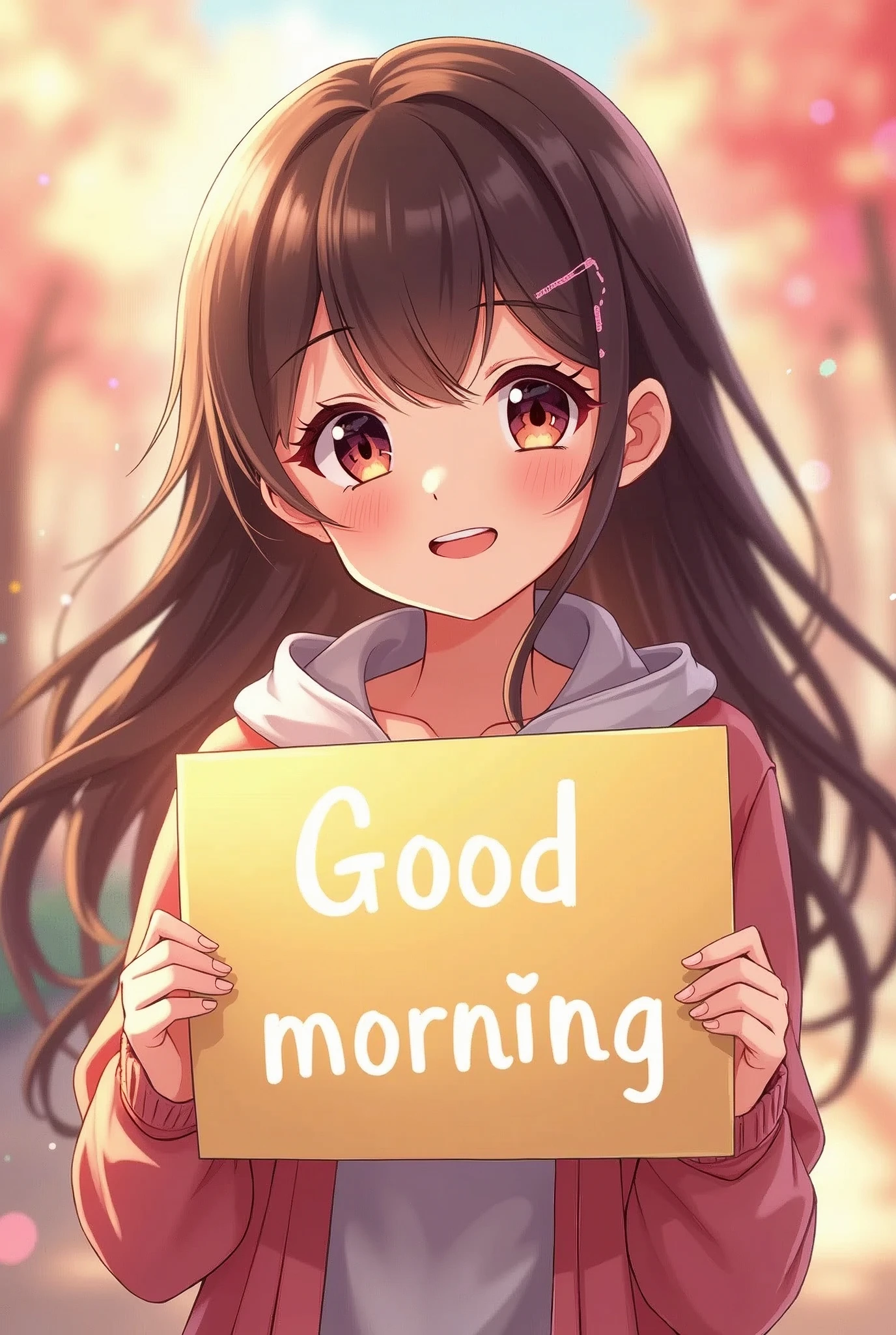 a beautiful and cute woman holding up a sign "おはよう", joyful, happy, anime illustration, photorealistic, bokeh photography, (soft focus):1.2, out-of-focus highlights, dreamy ambiance, glowing circles, mesmerizing depth, masterpiece, best quality, extremely detailed CG unity 8k wallpaper,