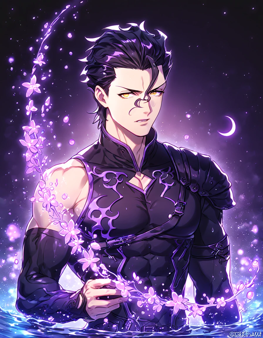 absurdres, highres, ultra detailed, HDR, master piece, Diarmuid ua duibhne, black hair, expressive yellow eyes, black clothes, Fate Grand Order, sexy man, handsome, best quality, purple glittering crescent moon, purple flowers, fantasy, magical, solo, water, purple shining fireflies, purple petals, sensual, purple fire, manly man,