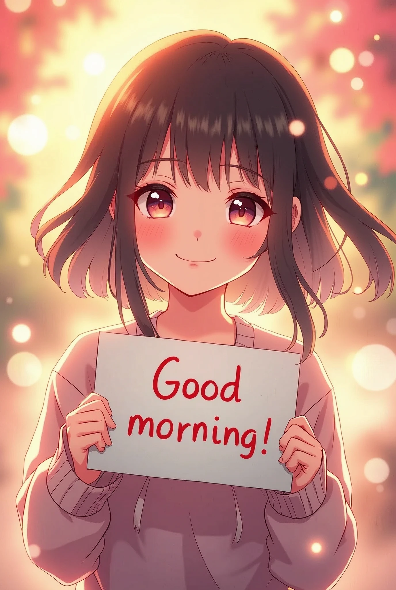 a beautiful and cute woman holding up a sign "おはよう", joyful, happy, anime illustration, photorealistic, bokeh photography, (soft focus):1.2, out-of-focus highlights, dreamy ambiance, glowing circles, mesmerizing depth, masterpiece, best quality, extremely detailed CG unity 8k wallpaper,