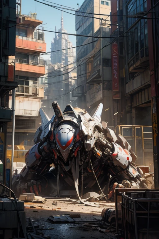 humanoid mech, size of 5 storey building, open cockpit, a wounded pilot is lying nearby, behind him walks a kaiju and destroys the city