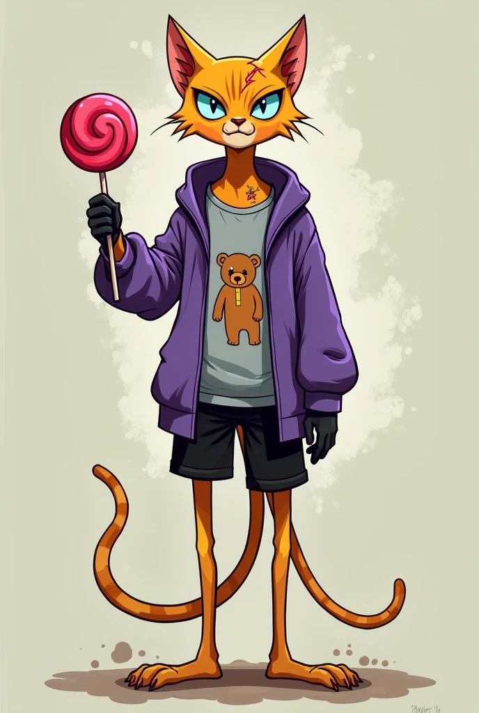 create a tall skinny male white humanoid cat, with a scar on her face, wearing an open purple sweatshirt and a gray t-shirt, with teddy bear print, black gloves, A pair of black shorts, light blue eyes with an angry expression, crazy face, he has some tattoos on his body, carrying a giant 1 meter lollipop, O estilo de arte deve ser o estilo Cartoon Adventure Time