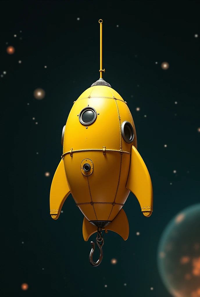 A small yellow capsule-type spaceship,1969s Design,Spaceships don't have wings,Riveted surface,There is writing on it,The window is small and a peephole,Has a hook,Spaceship background in space,