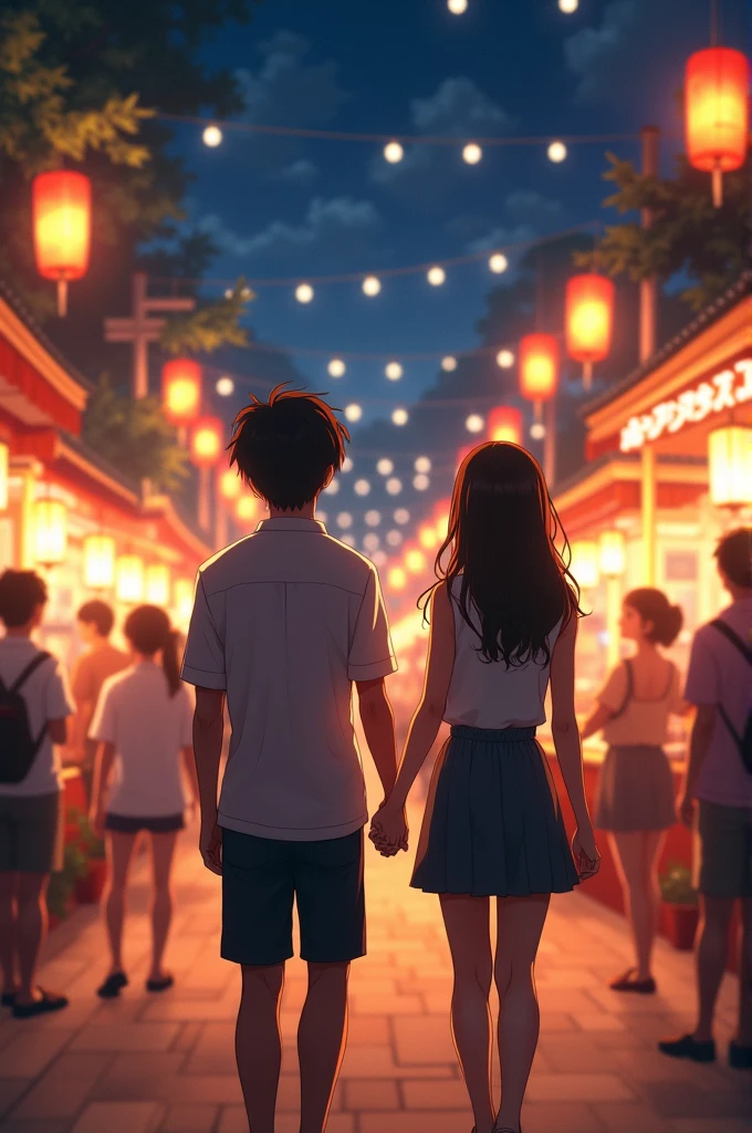 Japan Man Girlfriend,Summer Festival Date,Back view,night,In the crowd