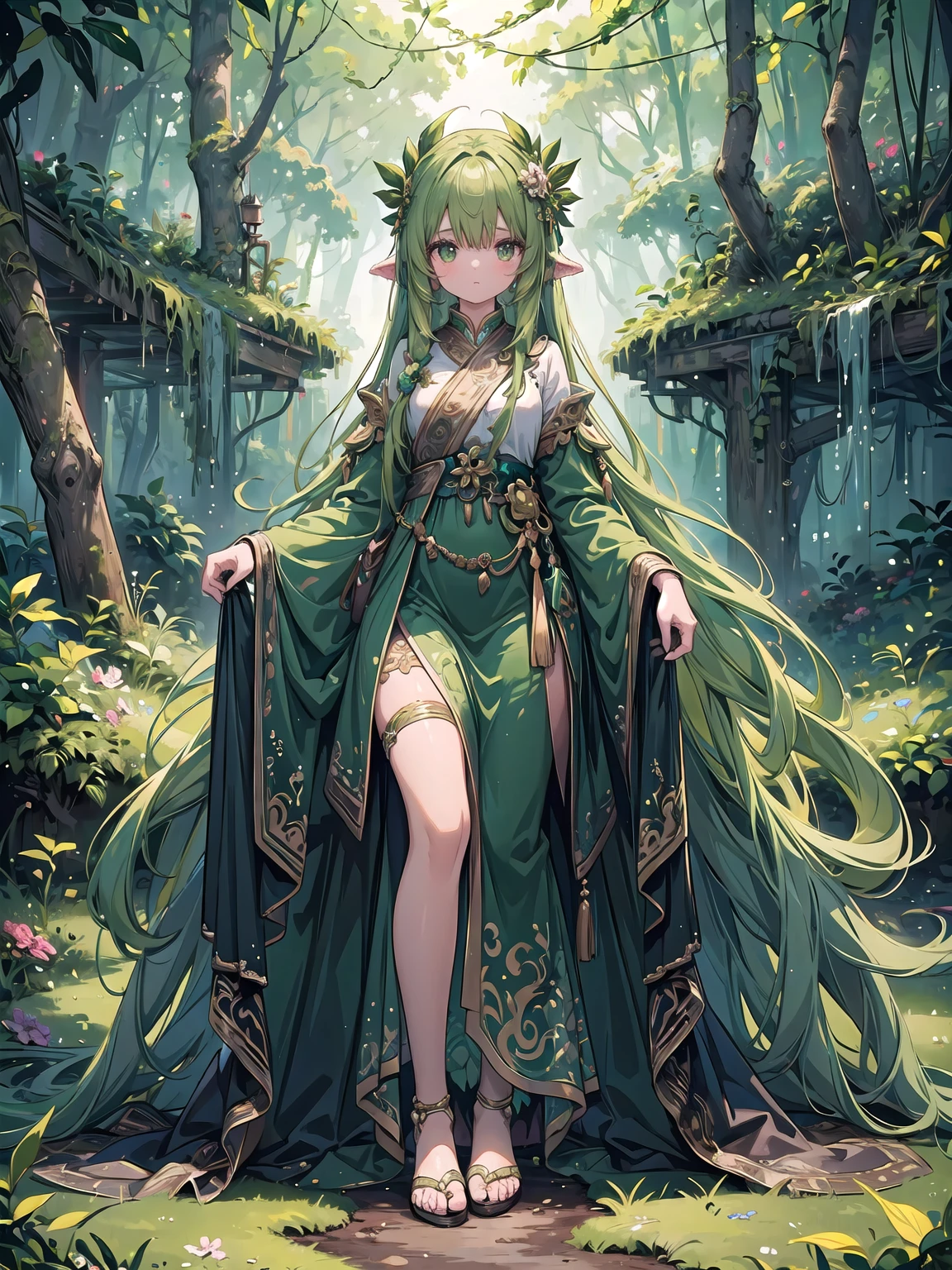 (((masterpiece, best quality, high detailed, 16k))) (1girl) A mystical forest guardian with flowing green hair and deep brown eyes that reflect the ancient wisdom of the woods. She is adorned in earthy tones of brown and green, with vines and leaves woven into her attire. Her staff is entwined with living branches and blooming flowers, and she is surrounded by a gentle aura of nature's magic. ((full body view))