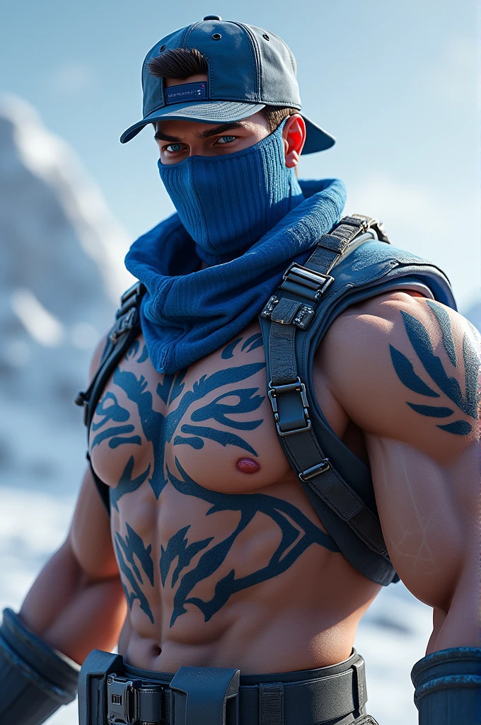 Free fire male character with arctic blue mask, cat chest and a backwards cap. 
