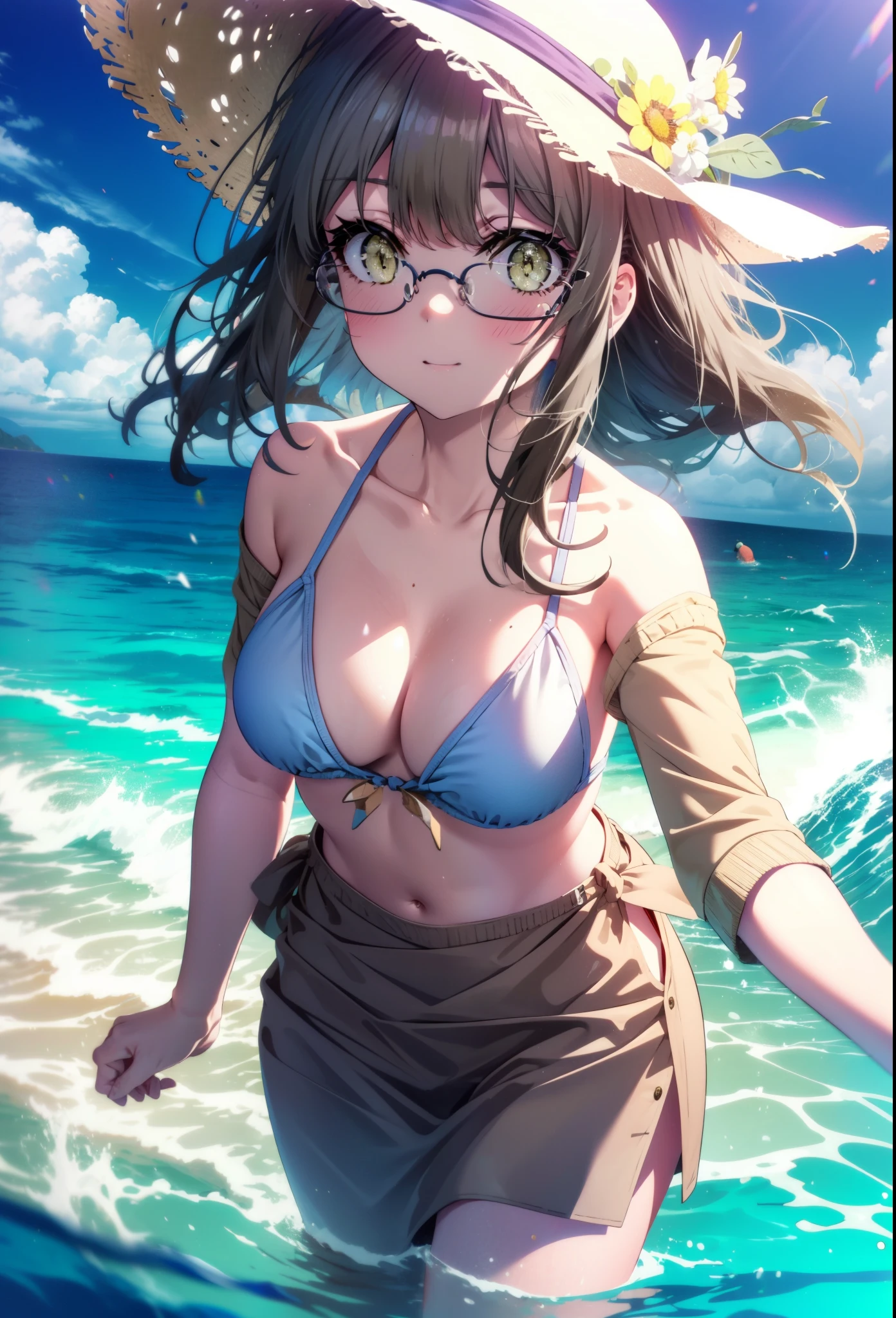 Riofutaba, Rio Futaba, Long Hair, Brown Hair, (Brown eyes:1.5),smile,blush,Glasses,Straw hat,Black bikini string swimsuit,Pareo Swimsuit,Belly button,A thin long skirt is wrapped around her waist,barefoot,Sandy Beachを散歩している,morning,morning陽,The sun is rising,whole bodyがイラストに入るように,
break outdoors, Beach,Sandy Beach,
break looking at viewer, whole body,(Cowboy Shot:1.5),
break (masterpiece:1.2), Highest quality, High resolution, unity 8k wallpaper, (figure:0.8), (Beautiful attention to detail:1.6), Highly detailed face, Perfect lighting, Highly detailed CG, (Perfect hands, Perfect Anatomy),