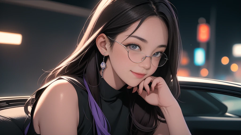 {{night}},　A woman on the left side of the composition, {{carの前で座る女}}、{nightの埠頭}, {{{nightのネオン}}}, super detailed skin, masterpiece:1.4, 8K resolution, ultra HD, symmetric eyes, Brown Hair、car、Beautiful Asian girl with purple hair, Perfect Face, sunglasses, Sleeveless, Neon Black, (Backlight: 1.1), Hard Shadows, masterpiece, Highest quality, Complex, Model shooting style, Vintage, Film Grain, 　超精巧なcar,　(better hands):1.7, emo, flat breast, 1woman, I don't wear anything on my arm, smile,