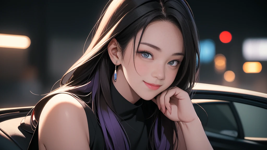{{night}}, A woman on the left side of the composition, {{carの前で座る女}}、{nightの埠頭}, {{{nightのネオン}}}, super detailed skin, masterpiece:1.4, 8K resolution, ultra HD, symmetric eyes, Brown Hair、car、Beautiful Asian girl with purple hair, Perfect Face, sunglasses, Sleeveless, Neon Black, (Backlight: 1.1), Hard Shadows, masterpiece, Highest quality, Complex, Model shooting style, Vintage, Film Grain, 超精巧なcar, (better hands):1.7, emo, flat breast, 1woman, I don't wear anything on my arm, smile,