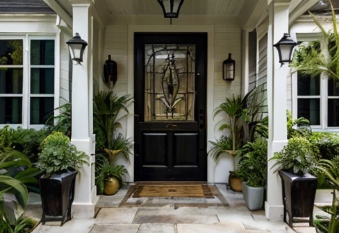 Detailed masterpiece, Create a beautiful front porch for the entrance of a house, with serene colors, decorated with plants in an urban jungle style , Paint the Wall with Light Textures, revamp the entire image for a modern house construction project