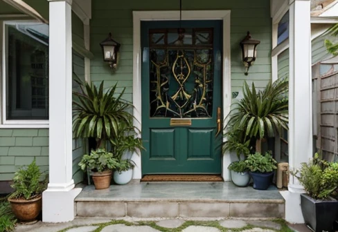 Detailed masterpiece, Create a beautiful front porch for the entrance of a house, with serene colors, decorated with plants in an urban jungle style , Paint the Wall with Light Textures, revamp the entire image for a modern house construction project
