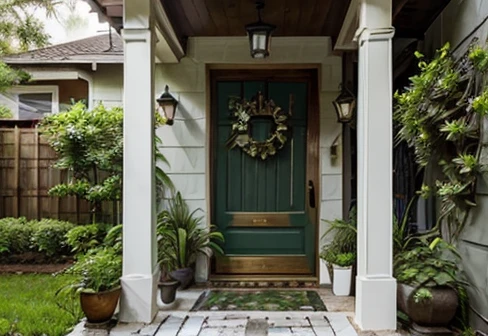 Detailed masterpiece, Create a beautiful front porch for the entrance of a house, with serene colors, decorated with plants in an urban jungle style , Paint the Wall with Light Textures, revamp the entire image for a modern house construction project