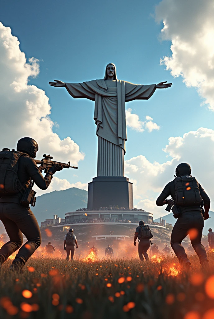 A photo of free fire with Christ the Redeemer behind
