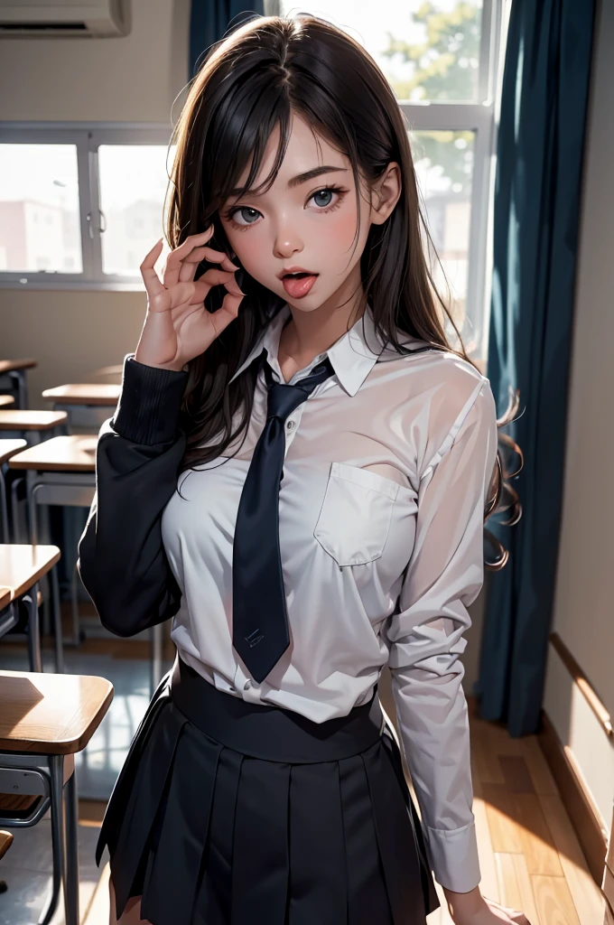 masterpiece, Highest quality, Movie stills, One Girl, high school girl, uniform, Baby Face, (Blowjob), Soft lighting, classroom