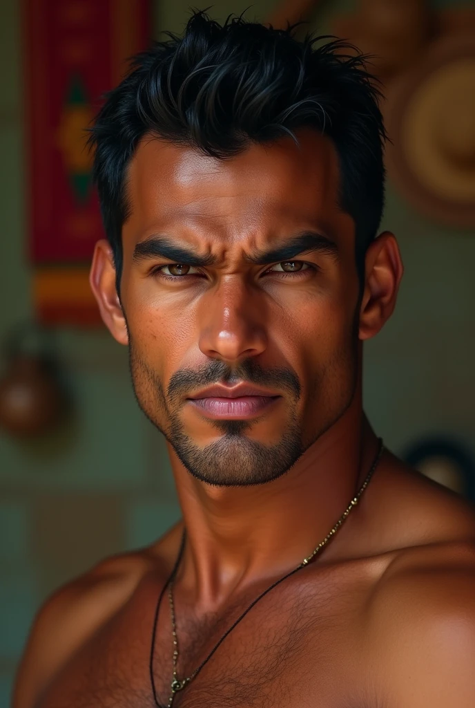 27 year old man, , with a marked jaw and thin lips. His nose is big, round and with the septum slightly protruding. He has small, dark eyes., slightly torn, with triangular eyebrows. Her skin is tanned brown, darker than average, and has visible ears. is shaved, but you can see the growth of dark hair.
His expression is strong, with a feeling of anger or determination. The expression lines on the forehead are very marked, and the veins on the temple are very noticeable, accentuating the intensity of his emotion. For a more cultural touch, The background may include traditional Mexican elements, and your posture can show confidence and firmness.
He is not handsome, he has somewhat more indigenous Mexican features and you don't see as many furrows on his face, it is smoother and rounder.