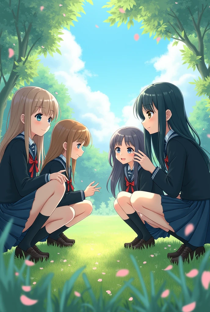 Group of school girls with long hair and black skirts crouching in anime