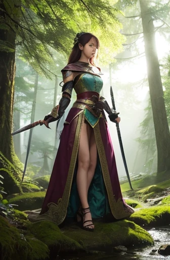 Beautiful Fighting Adventurer,Fantasy-style light clothing,pure,in the forest,point your sword here