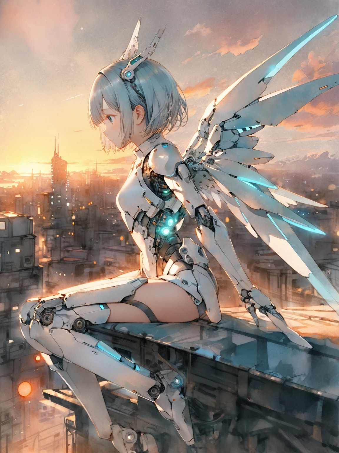 Super detailed girl illustration, Solitary, Light blue short hair, mechanical hair accessories, White and silver mech armor, Glowing cyan mechanical wings, Sitting on the roof, from the side, City of the Future, Cyberpunk, Sunset, Beautiful scenery, (watercolor, Sketch Style), White Grain Masterpiece, best quality, Nice illustration, Very aesthetic art