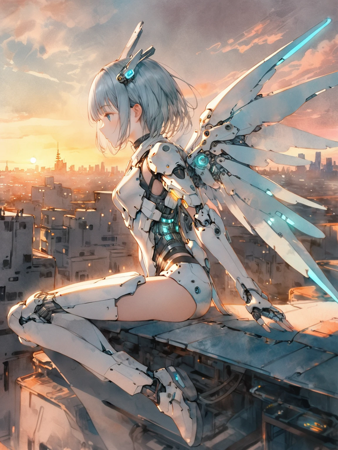 Super detailed girl illustration, Solitary, Light blue short hair, mechanical hair accessories, White and silver mech armor, Glowing cyan mechanical wings, Sitting on the roof, from the side, City of the Future, Cyberpunk, Sunset, Beautiful scenery, (watercolor, Sketch Style), White Grain Masterpiece, best quality, Nice illustration, Very aesthetic art